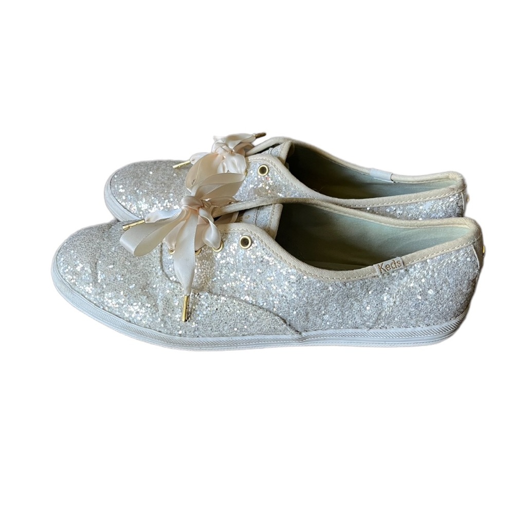 Keds Womens Champion Kate Spade Glitter Sneaker Cream Size 8 (EU 39) Ribbon Lace
